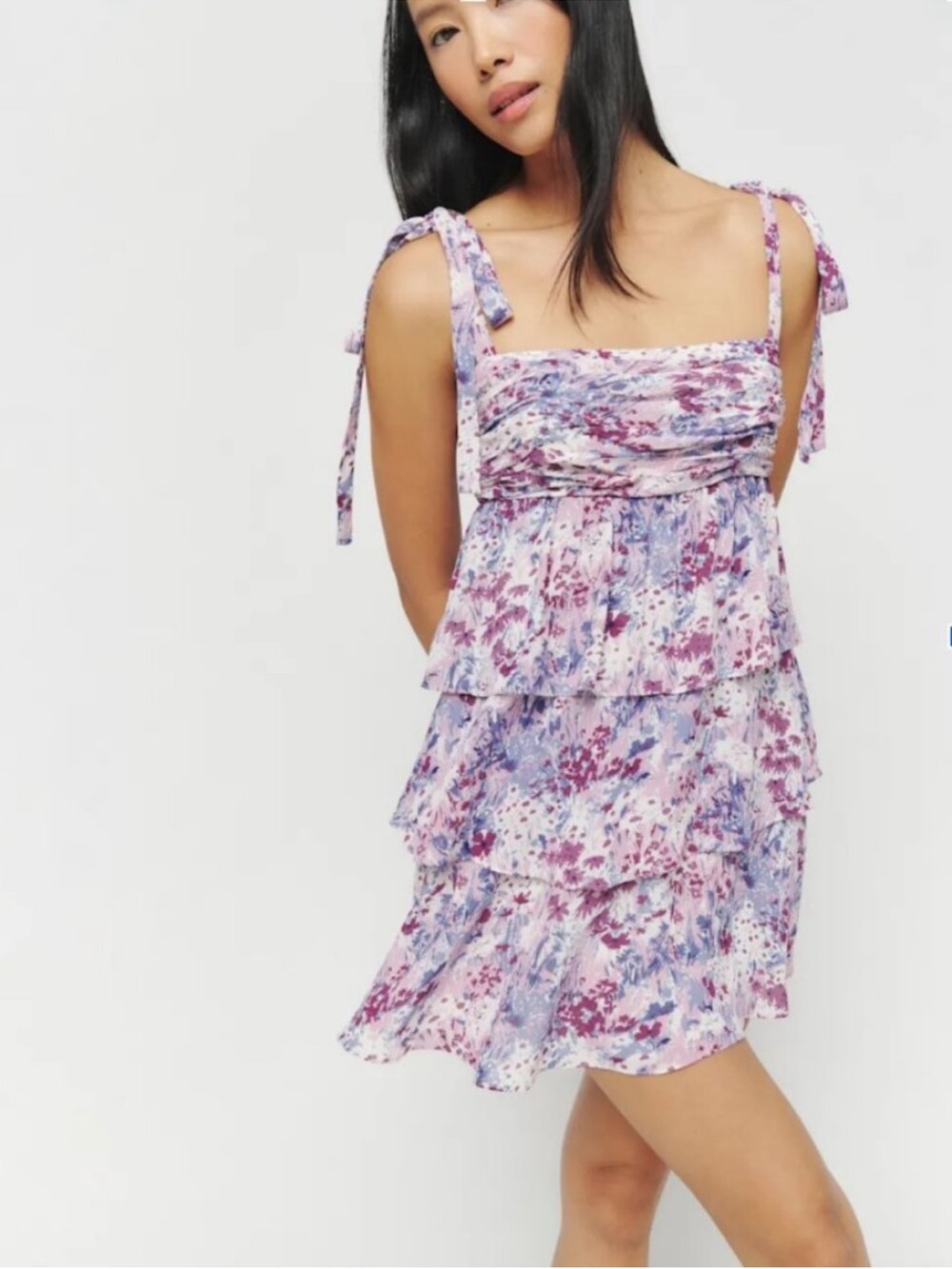 Reformation Avni Mini Babydoll Tiered Dress in Morning Dew Purple Floral XS